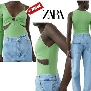 Zara Green asymmetrical long sleeve spaghetti strap cutout O-ring Vneck bodysuit